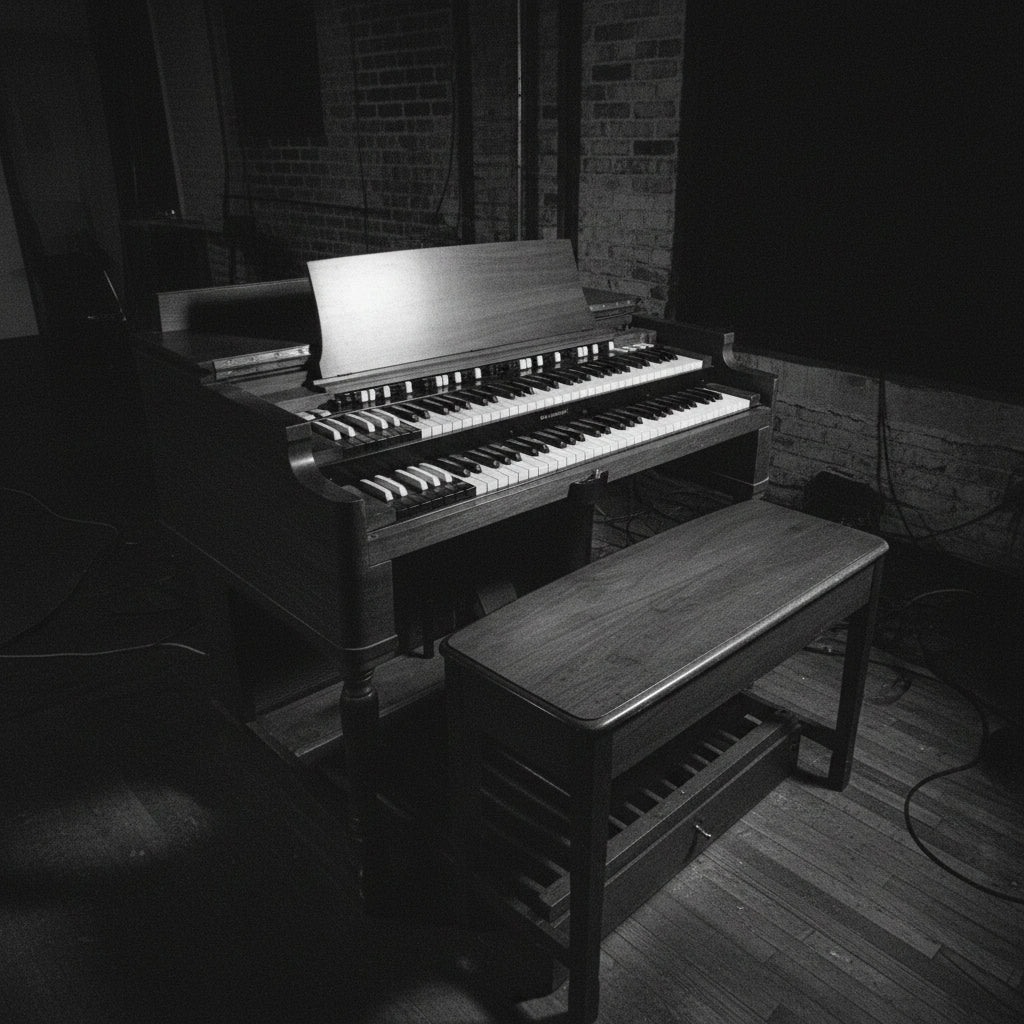A vintage Hammond B3 with polished wood casing, featuring two keyboards with black and white keys, a music stand, and an attached bench in a rehearsal studio setting.